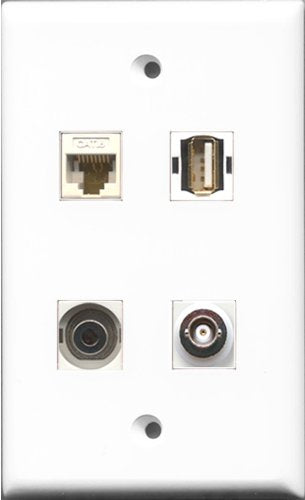 RiteAV 1 Port USB A-A and 1 Port 3.5mm and 1 Port BNC and 1 Port Cat6 Ethernet White Wall Plate