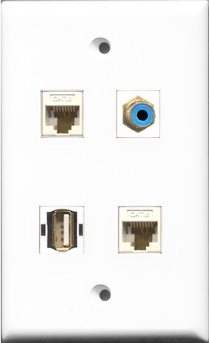 RiteAV 1 Port RCA Blue and 1 Port USB A-A 2 Port Cat6 Ethernet White Wall Plate