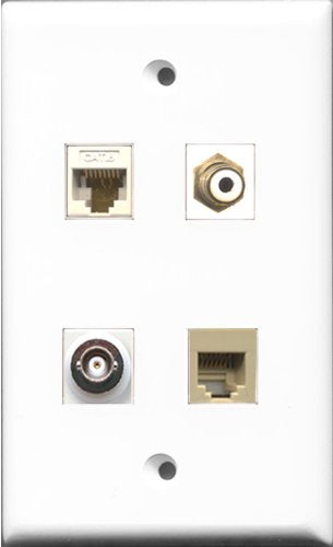 RiteAV 1 Port RCA White and 1 Port Phone RJ11 RJ12 Beige and 1 Port BNC and 1 Port Cat6 Ethernet White Wall Plate
