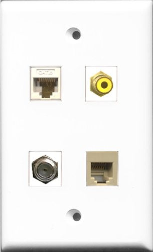 RiteAV 1 Port RCA Yellow and 1 Port Coax Cable TV- F-Type and 1 Port Phone RJ11 RJ12 Beige and 1 Port Cat6 Ethernet White Wall Plate