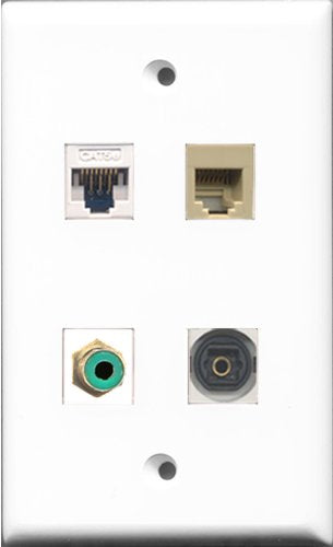 RiteAV 1 Port RCA Green and 1 Port Phone RJ11 RJ12 Beige and 1 Port Toslink and 1 Port Cat5e Ethernet White Wall Plate
