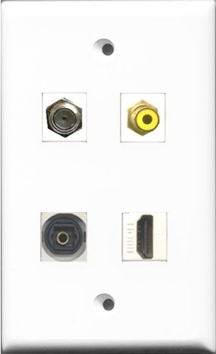 RiteAV 1 Port HDMI and 1 Port RCA Yellow and 1 Port Coax Cable TV- F-Type and 1 Port Toslink Wall Plate