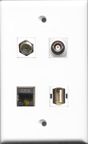 RiteAV 1 Port Coax Cable TV- F-Type and 1 Port USB A-A and 1 Port Shielded Cat6 Ethernet and 1 Port BNC Wall Plate