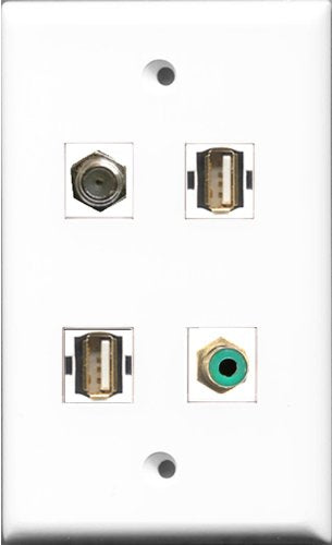 RiteAV 1 Port RCA Green and 1 Port Coax Cable TV- F-Type and 1 Port USB A-A and 1 Port Shielded Cat6 Ethernet Wall Plate