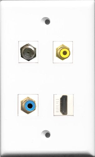 RiteAV 1 Port HDMI and 1 Port RCA Yellow and 1 Port RCA Blue and 1 Port Coax Cable TV- F-Type Wall Plate