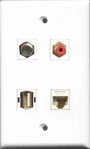 RiteAV 1 Port RCA Red and 1 Port Coax Cable TV- F-Type and 1 Port USB A-A and 1 Port Cat6 Ethernet White Wall Plate