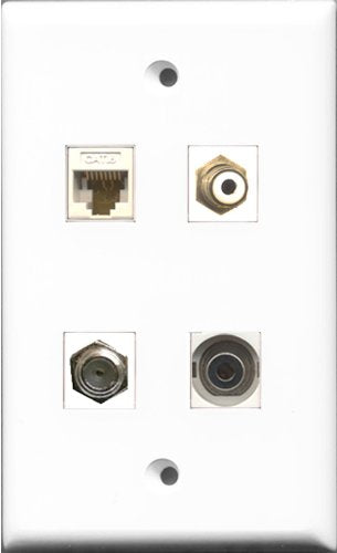 RiteAV 1 Port RCA White and 1 Port Coax Cable TV- F-Type and 1 Port 3.5mm and 1 Port Cat6 Ethernet White Wall Plate