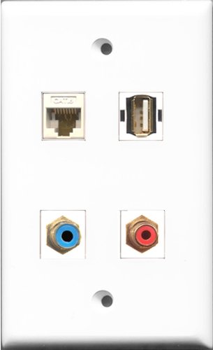 RiteAV 1 Port RCA Red and 1 Port RCA Blue and 1 Port USB A-A and 1 Port Cat6 Ethernet White Wall Plate