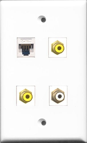 RiteAV 1 Port RCA White 2 Port RCA Yellow and 1 Port Cat5e Ethernet White Wall Plate