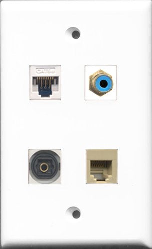 RiteAV 1 Port RCA Blue and 1 Port Phone RJ11 RJ12 Beige and 1 Port Toslink and 1 Port Cat5e Ethernet White Wall Plate