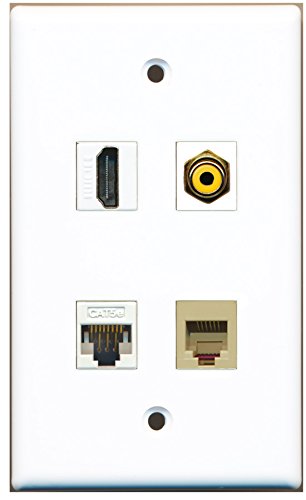 RiteAV - 1 Port HDMI 1 Port RCA Yellow 1 Port Phone RJ11 RJ12 Beige 1 Port Cat5e Ethernet White Wall Plate