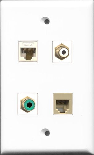 RiteAV 1 Port RCA White and 1 Port RCA Green and 1 Port Phone RJ11 RJ12 Beige and 1 Port Cat6 Ethernet White Wall Plate