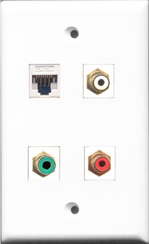 RiteAV 1 Port RCA Red and 1 Port RCA White and 1 Port RCA Green and 1 Port Cat5e Ethernet White Wall Plate