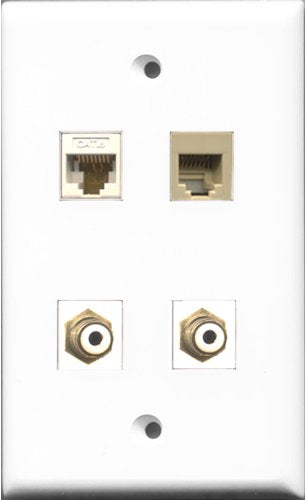 RiteAV - 2 Port RCA White and 1 Port Phone RJ11 RJ12 Beige and 1 Port Cat6 Ethernet White Wall Plate