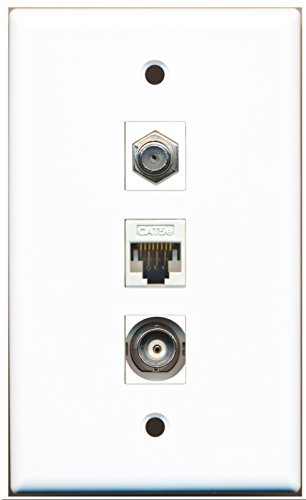 RiteAV - 1 Port Coax Cable TV- F-Type and 1 Port BNC and 1 Port Cat5e Ethernet White Wall Plate
