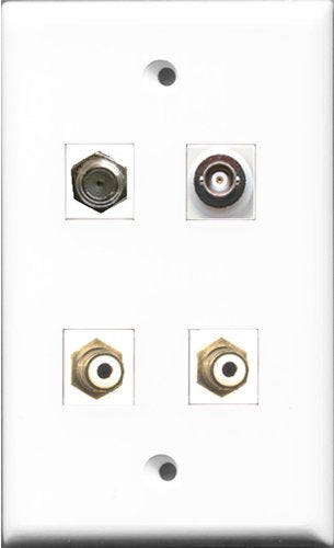 RiteAV - 2 Port RCA White and 1 Port Coax Cable TV- F-Type and 1 Port BNC Wall Plate