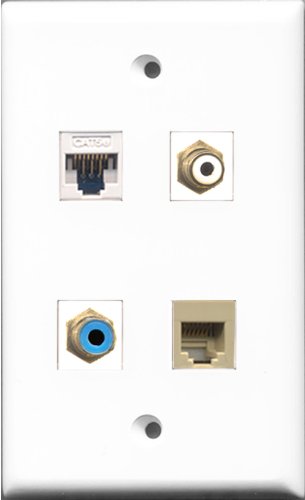 RiteAV 1 Port RCA White and 1 Port RCA Blue and 1 Port Phone RJ11 RJ12 Beige and 1 Port Cat5e Ethernet White Wall Plate