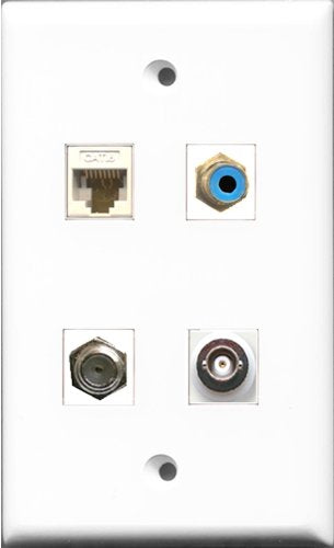 RiteAV 1 Port RCA Blue and 1 Port Coax Cable TV- F-Type and 1 Port BNC and 1 Port Cat6 Ethernet White Wall Plate