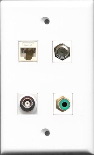 RiteAV 1 Port RCA Green and 1 Port Coax Cable TV- F-Type and 1 Port BNC and 1 Port Cat6 Ethernet White Wall Plate