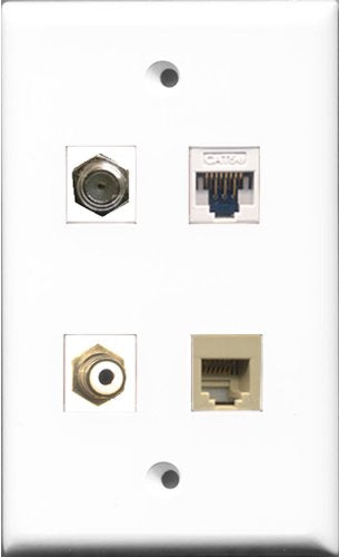 RiteAV 1 Port RCA White and 1 Port Coax Cable TV- F-Type and 1 Port Phone RJ11 RJ12 Beige and 1 Port Cat5e Ethernet White Wall Plate