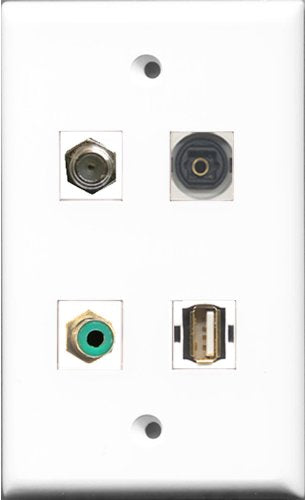 RiteAV 1 Port RCA Green and 1 Port Coax Cable TV- F-Type and 1 Port USB A-A and 1 Port Toslink Wall Plate