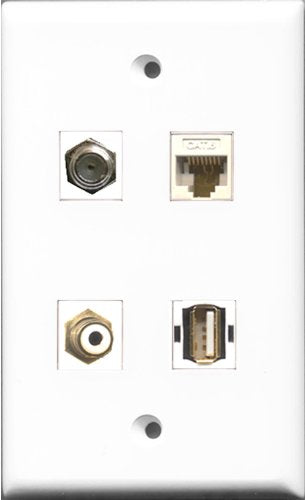 RiteAV 1 Port RCA White and 1 Port Coax Cable TV- F-Type and 1 Port USB A-A and 1 Port Cat6 Ethernet White Wall Plate