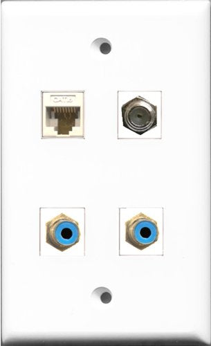 RiteAV - 2 Port RCA Blue and 1 Port Coax Cable TV- F-Type and 1 Port Cat6 Ethernet White Wall Plate