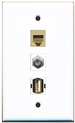 RiteAV - 1 Port Coax Cable TV- F-Type and 1 Port USB A-A and 1 Port Phone RJ11 RJ12 Beige Wall Plate