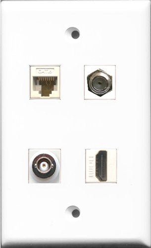 RiteAV 1 Port HDMI and 1 Port Coax Cable TV- F-Type and 1 Port BNC and 1 Port Cat6 Ethernet White Wall Plate