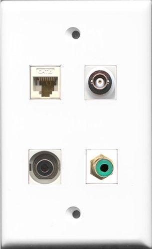 RiteAV 1 Port RCA Green and 1 Port 3.5mm and 1 Port BNC and 1 Port Cat6 Ethernet White Wall Plate