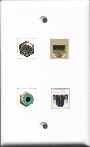 RiteAV 1 Port RCA Green and 1 Port Coax Cable TV- F-Type and 1 Port Phone RJ11 RJ12 Beige and 1 Port Cat5e Ethernet White Wall Plate