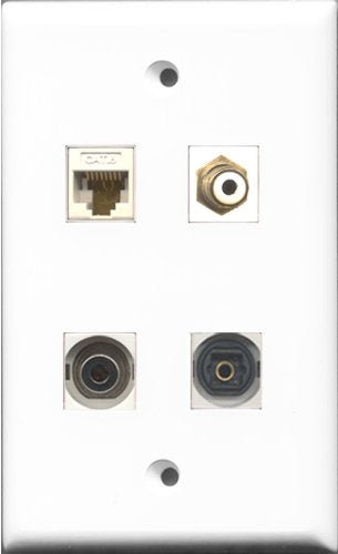 RiteAV 1 Port RCA White and 1 Port Toslink and 1 Port 3.5mm and 1 Port Cat6 Ethernet White Wall Plate