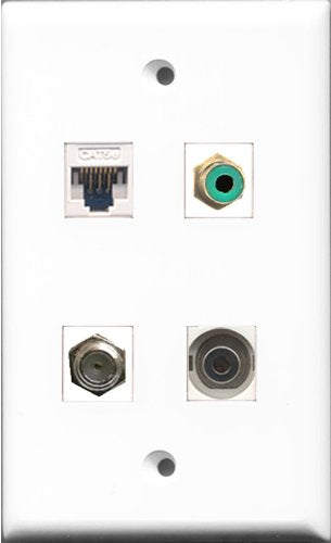 RiteAV 1 Port RCA Green and 1 Port Coax Cable TV- F-Type and 1 Port 3.5mm and 1 Port Cat5e Ethernet White Wall Plate
