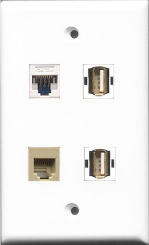 RiteAV - 2 Port USB A-A and 1 Port Phone RJ11 RJ12 Beige and 1 Port Cat5e Ethernet White Wall Plate