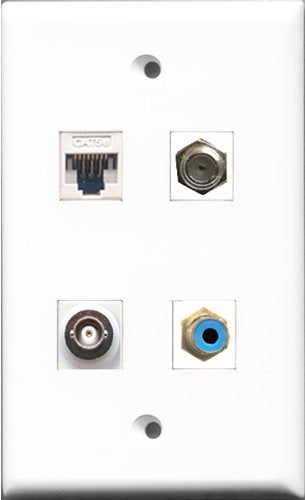 RiteAV - 1 Port RCA Blue and 1 Port Coax Cable TV- F-Type and 1 Port BNC and 1 Port Cat5e Ethernet White Wall Plate
