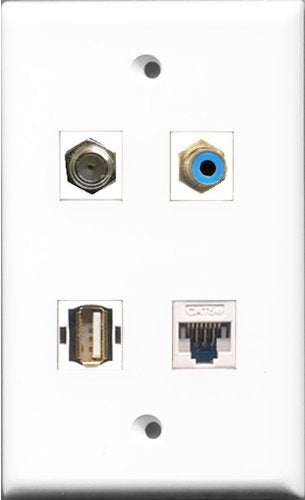 RiteAV 1 Port RCA Blue and 1 Port Coax Cable TV- F-Type and 1 Port USB A-A and 1 Port Cat5e Ethernet White Wall Plate