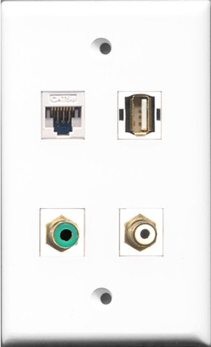 RiteAV 1 Port RCA White and 1 Port RCA Green and 1 Port USB A-A and 1 Port Cat5e Ethernet White Wall Plate