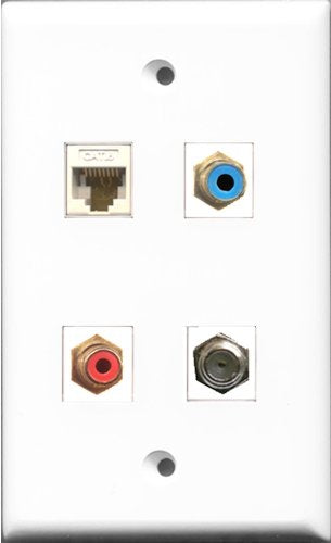 RiteAV 1 Port RCA Red and 1 Port RCA Blue and 1 Port Coax Cable TV- F-Type and 1 Port Cat6 Ethernet White Wall Plate