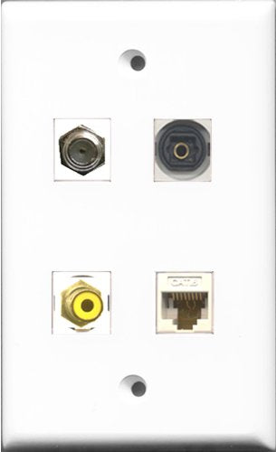RiteAV 1 Port RCA Yellow and 1 Port Coax Cable TV- F-Type and 1 Port Toslink and 1 Port Cat6 Ethernet White Wall Plate