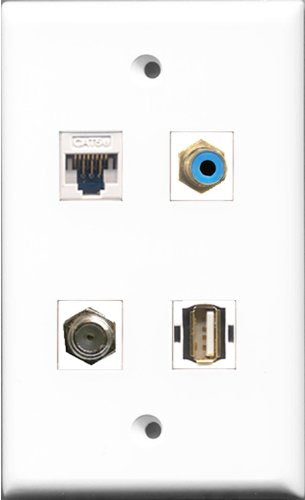 RiteAV 1 Port RCA Blue and 1 Port Coax Cable TV- F-Type and 1 Port USB A-A and 1 Port Cat5e Ethernet White Wall Plate