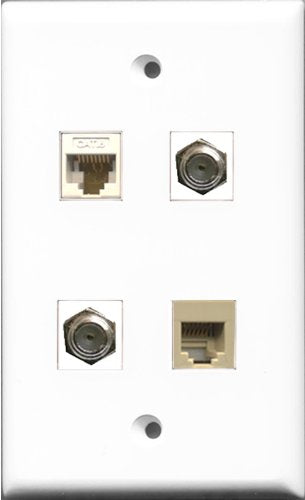 RiteAV - 2 Port Coax Cable TV- F-Type and 1 Port Phone RJ11 RJ12 Beige and 1 Port Cat6 Ethernet White Wall Plate