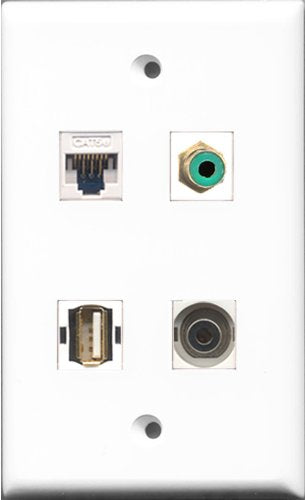 RiteAV 1 Port RCA Green and 1 Port USB A-A and 1 Port 3.5mm and 1 Port Cat5e Ethernet White Wall Plate