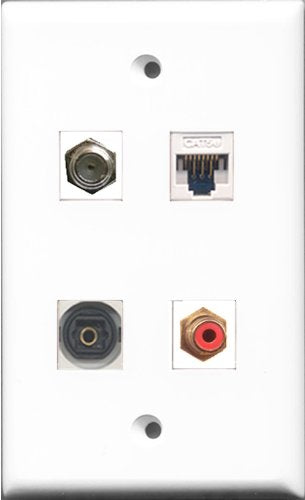 RiteAV 1 Port RCA Red and 1 Port Coax Cable TV- F-Type and 1 Port Toslink and 1 Port Cat5e Ethernet White Wall Plate