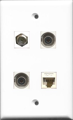 RiteAV 1 Port Coax Cable TV- F-Type 2 Port 3.5mm and 1 Port Cat6 Ethernet White Wall Plate