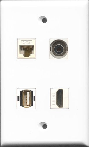 RiteAV 1 Port HDMI and 1 Port USB A-A and 1 Port 3.5mm and 1 Port Cat6 Ethernet White Wall Plate