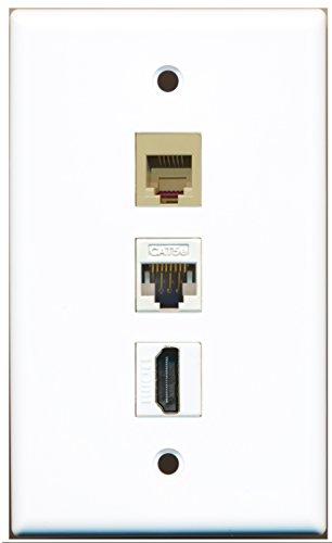 RiteAV - 1 Port HDMI and 1 Port Phone RJ11 RJ12 Beige and 1 Port Cat5e Ethernet White Wall Plate