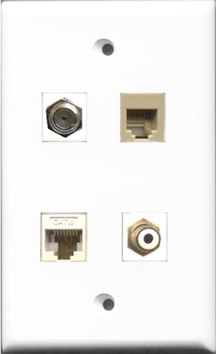 RiteAV 1 Port RCA White and 1 Port Coax Cable TV- F-Type and 1 Port Phone RJ11 RJ12 Beige and 1 Port Cat6 Ethernet White Wall Plate