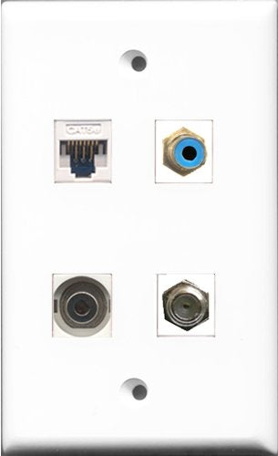 RiteAV 1 Port RCA Blue and 1 Port Coax Cable TV- F-Type and 1 Port 3.5mm and 1 Port Cat5e Ethernet White Wall Plate