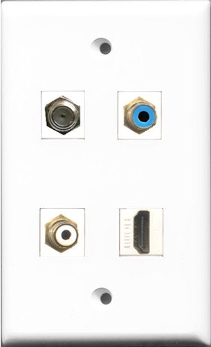 RiteAV 1 Port HDMI and 1 Port RCA White and 1 Port RCA Blue and 1 Port Coax Cable TV- F-Type Wall Plate