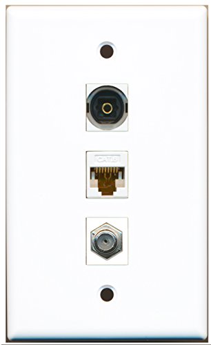 RiteAV - 1 Port Coax Cable TV- F-Type and 1 Port Toslink and 1 Port Cat6 Ethernet White Wall Plate